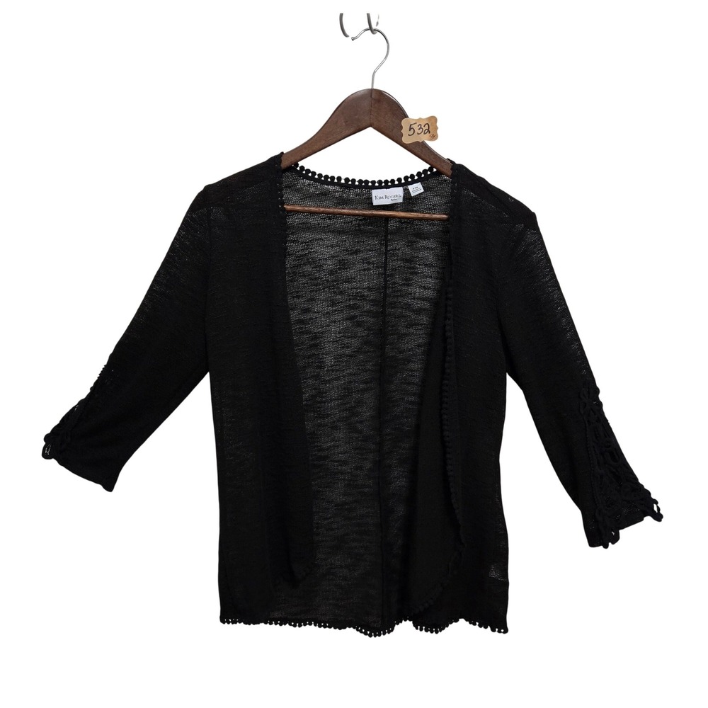 Kim Rogers Petite Black Open Front Cardigan Pom Pom Trim Lace Sleeve PM